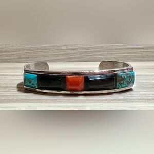 Vintage Handmade Navajo Sterling Silver Multi Gemstone Cobblestone Cuff Bracelet